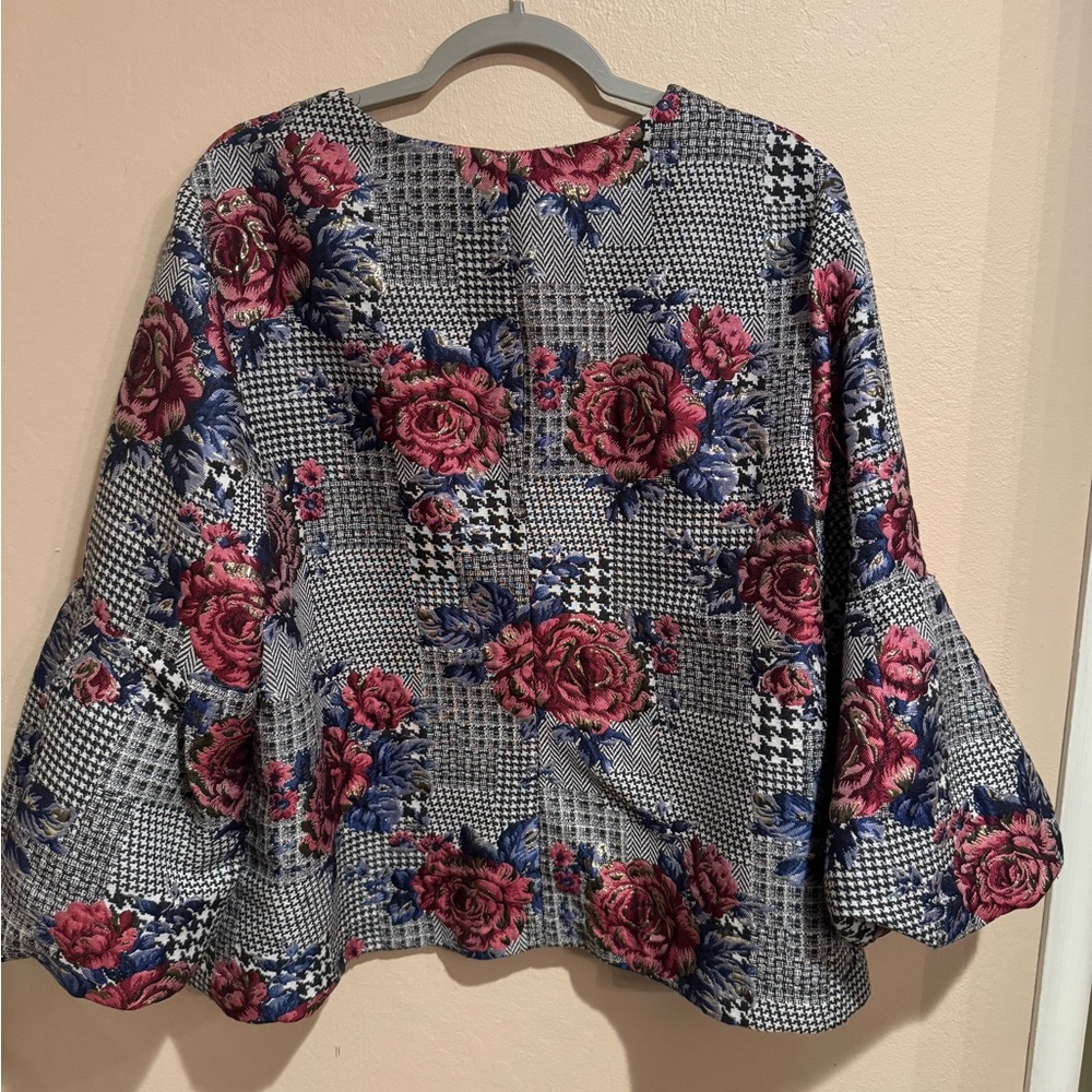 Alfani Glamorous Pink Floral Plaid Bell-Sleeve Jacket/Top with Shimmer - Picture 2 of 7